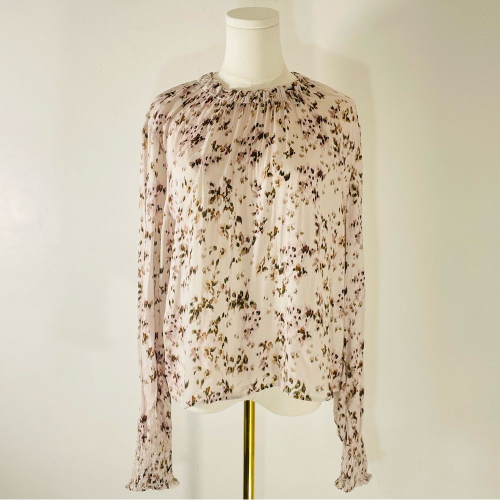 Cloth & Stone Light Pink & Brown Spotted Ruffled Neckline Blouse Size M